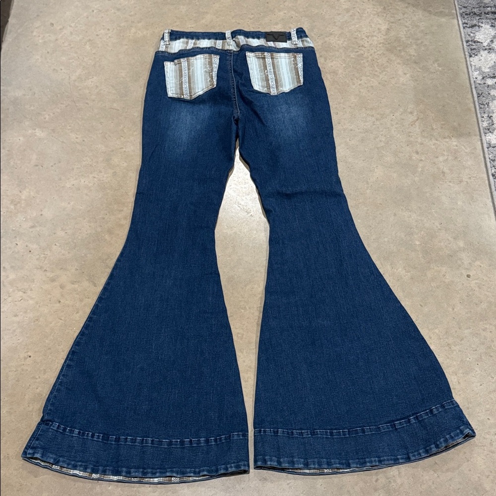 Lucky & Blessed Navy Flare Jeans with Cream Details - Picture 3 of 4